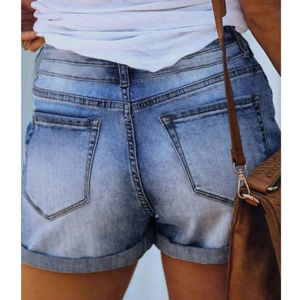 Light Wash Distressed Cuff Double Button Fly Denim Jean Shorts